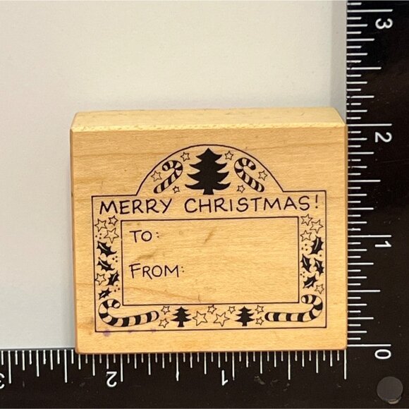 Vintage Merry Christmas Gift Tag Wood mounted Rubber Stamp 1989 PSX E-317 - Picture 1 of 3